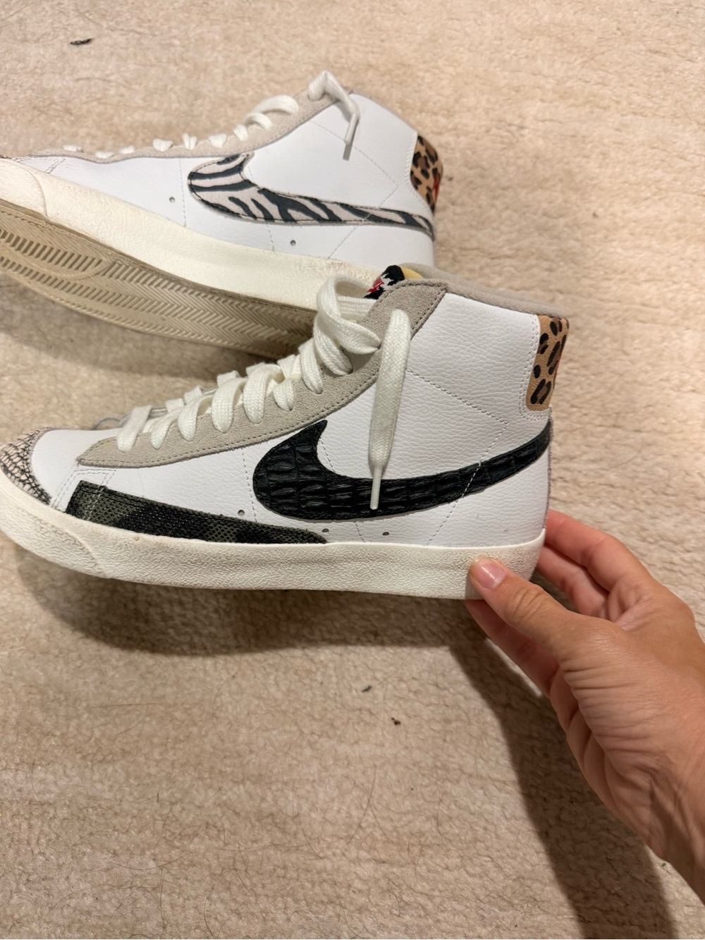 Nike White High-Top Sneakers with Black Swoosh and Animal Print Accents